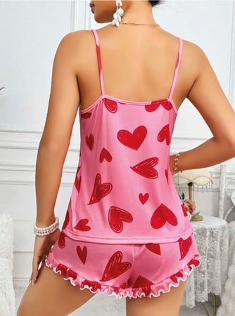 Kadın Pembe Kalp Baskılı Şortlu Gecelik Pijama Takımı Sevimli Rahat ’li Set