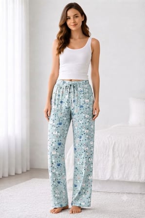 Viskon Pamuklu Kadın Deniz Mavisi Desenli Pijama Pantolon - Mg012 -
