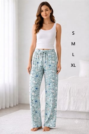 Viskon Pamuklu Kadın Deniz Mavisi Desenli Pijama Pantolon - Mg012 -