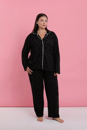 Kadın Büyük Beden Siyah Kırmızı Çiçekli Düğmeli Pijama Takımı MERY WOMAN