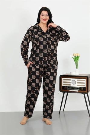 Kadın Büyük Beden Pamuklu Cepli Düğmeli Siyah Pijama Takım MERY WOMAN