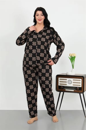 Kadın Büyük Beden Pamuklu Cepli Düğmeli Siyah Pijama Takım MERY WOMAN