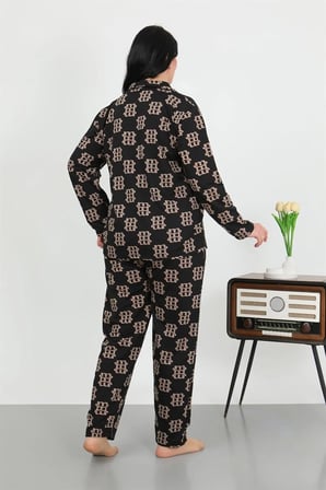 Kadın Büyük Beden Pamuklu Cepli Düğmeli Siyah Pijama Takım MERY WOMAN