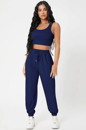 Kadın Laciver Premium Görünümlü Kaşkorse Cepli Jogger Eşofman Altı Ve Crop Top Bluz Takımı
