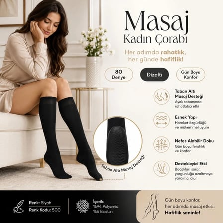 Kadın 6’lı Anne Masaj Tabanlı Dizaltı Çorap 80 Denye Esnek Rahat Günlük Kullanım MERY WOMAN