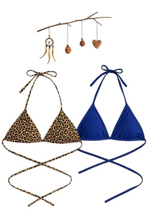 Leopar Desenli Ve Mavi Detaylı Üçgen Bikini Üstü Minimal Kesim Bağlamalı Kadın Mayo Üstü 'li