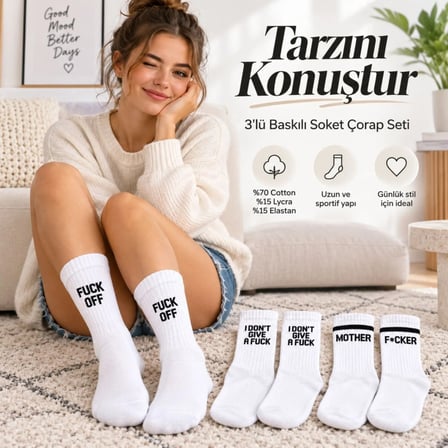 Unisex Beyaz Yazılı Çorap Esprili Sloganlı Uzun Soket Günlük Spor Rahat 3lü Eğlenceli Şık Hediye Set MERY WOMAN