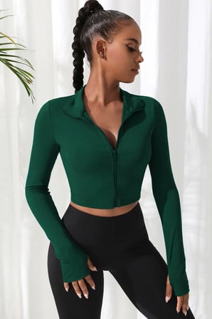 Yeşil Dik Yaka Fermuarlı Uzun Kollu Parmak Geçmeli Crop Top Spor Bluz