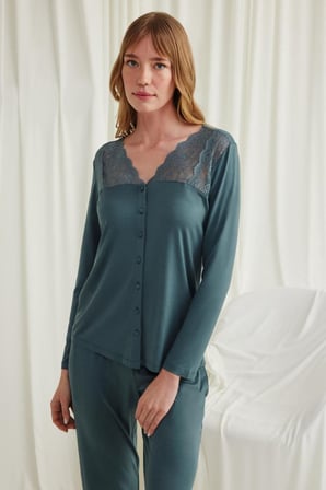 Yakası Omzu Ve Paçası Dantelli Boydan Düğmeli Pijama Takımı MERY WOMAN
