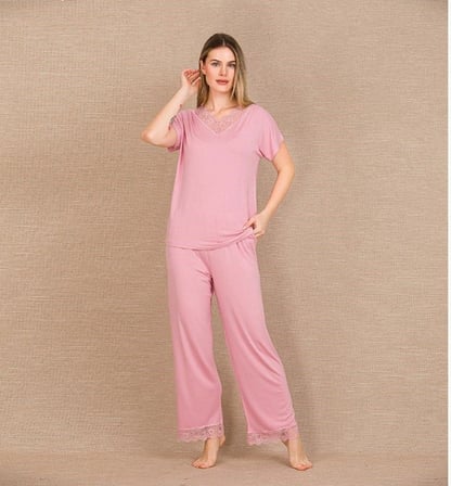Viskon Şık Tasarım Dantel İşlemeli Pembe Kısa Kol Pijama Takımı MERY WOMAN
