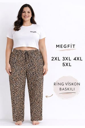 Viskon Pamuklu Kadın Büyük Beden Leopar Desenli Pijama Pantolon - Brf005 -