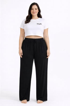 Viskon Pamuklu Kadın Büyük Beden Siyah Pijama Pantolon - Brf002 -