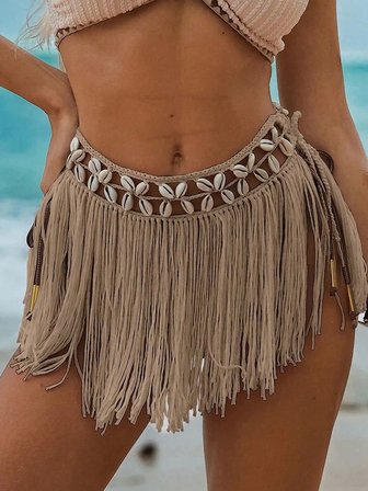 Bej Bikini Üstü Deniz Kabuklu Püsküllü Pareo,beachwear,bikini Üstü El Emeği Plaj Eteği,bohem Etek