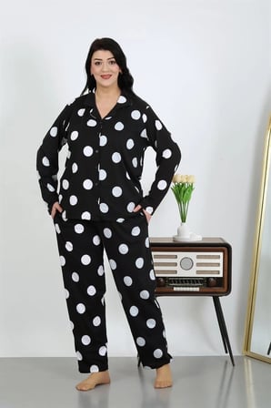 Kadın Büyük Beden Pamuklu Cepli Düğmeli Siyah Pijama Takım MERY WOMAN