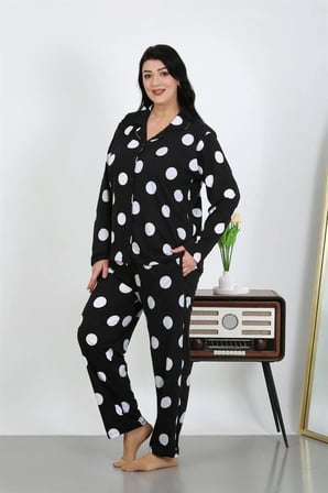 Kadın Büyük Beden Pamuklu Cepli Düğmeli Siyah Pijama Takım MERY WOMAN