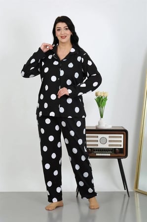 Kadın Büyük Beden Pamuklu Cepli Düğmeli Siyah Pijama Takım MERY WOMAN