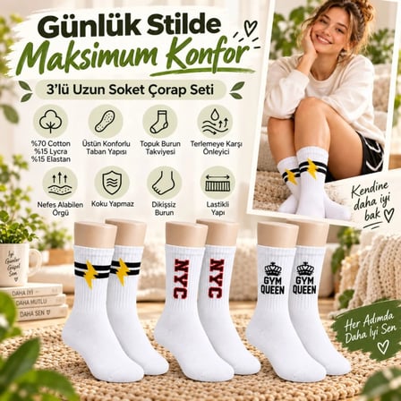 Kadın Spor Çorap Beyaz Yazılı 6'lı Set Uzun Soket Pamuklu Dikişsiz Nefes Alan Spor Konforlu Çoraplar MERY WOMAN