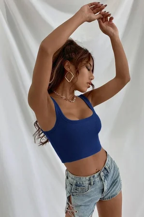 Kadın Lacivert Kalın Askılı Crop Top Büstiyer Esnek Kumaş Şık Basic Kadın Üst Giyim