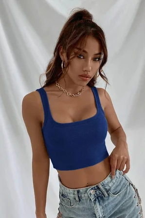 Kadın Lacivert Kalın Askılı Crop Top Büstiyer Esnek Kumaş Şık Basic Kadın Üst Giyim