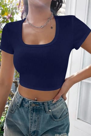 Kadın Lacivert Şık Kesim Yarım Kol Crop Bluz