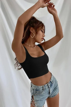 Kadın Siyah Kalın Askılı Crop Top Büstiyer Esnek Kumaş Şık Basic Kadın Üst Giyim