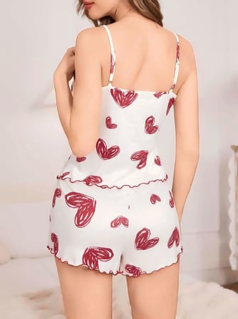 Kadın Beyaz Kalp Desenli Şortlu Gecelik Pijama Takımı Sevimli Rahat ’li Set