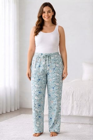 Viskon Pamuklu Kadın Büyük Beden Deniz Mavisi Desenli Pijama Pantolon - Brf012 -