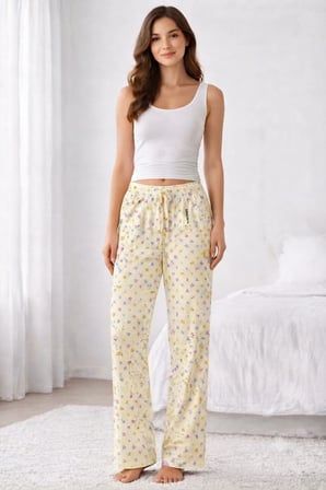 Viskon Pamuklu Kadın Açık Sarı Desenli Pijama Pantolon - Mg010 -