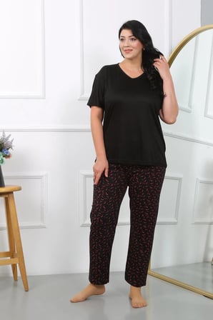 Kadın Büyük Beden Kısa Kol Penye Pijama Takımı Siyah MERY WOMAN