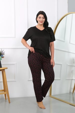 Kadın Büyük Beden Kısa Kol Penye Pijama Takımı Siyah MERY WOMAN