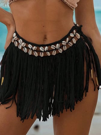 Siyah Bikini Üstü Deniz Kabuklu Püsküllü Pareo,beachwear,bikini Üstü El Emeği Plaj Eteği,bohem Etek