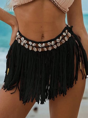 Siyah Bikini Üstü Deniz Kabuklu Püsküllü Pareo,beachwear,bikini Üstü El Emeği Plaj Eteği,bohem Etek