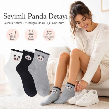 Kadın Panda Desenli Kısa Konç Çorap 6'lı | %80 Pamuklu Dikişsiz, Siyah Beyaz Gri MERY WOMAN