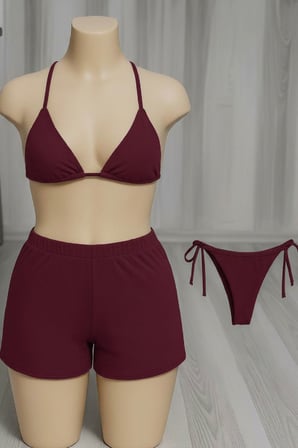 Kadın 'lü Set Bordo Şortlu Ve Yandan Bağlamalı Bikini Mayo Takımı