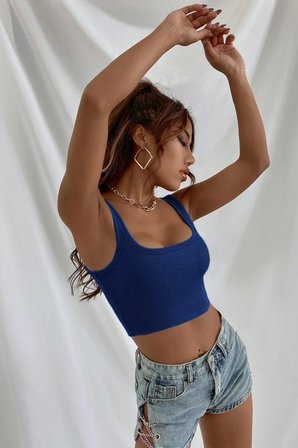 Kadın Lacivert Kalın Askılı Crop Top Büstiyer Esnek Kumaş Şık Basic Kadın Üst Giyim