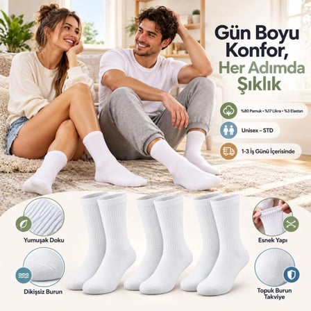Unisex Beyaz Soket Çorap %80 Pamuk 12'li Set Dikişsiz Burun Takviyeli Esnek Günlük Spor Çorabı Rahat MERY WOMAN