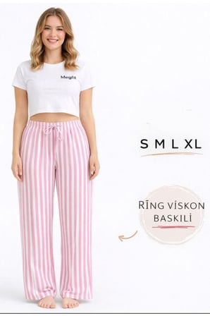 Viskon Pamuklu Kadın Pudra Pembe Çizgili Pijama Pantolon - Mg004 -
