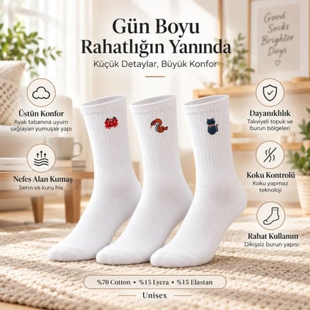 Unisex Çorap Beyaz Hayvan Nakışlı 3'lü Set Yengeç Yılan Kedi Desenli Uzun Soket Günlük Spor Çorabı MERY WOMAN