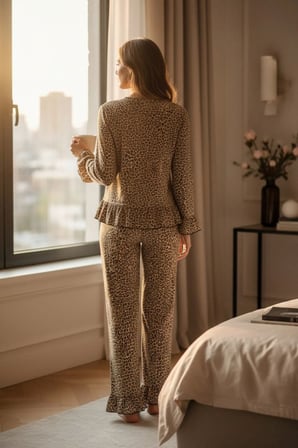 Kadın Leopar Desenli Fiyonk Detaylı Uzun Kollu Ev Giyim Pijama Takımı Premium Homewear