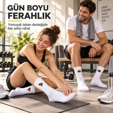 Unisex Çorap Beyaz Nakışlı 3'lü Set Pizza Hotdog Hamburger Desenli Uzun Soket Günlük Spor Çorap Seti MERY WOMAN
