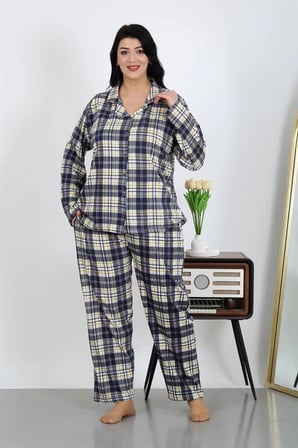 Kadın Büyük Beden Pamuklu Cepli Düğmeli Lacivert Pijama Takım MERY WOMAN
