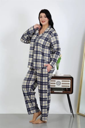 Kadın Büyük Beden Pamuklu Cepli Düğmeli Lacivert Pijama Takım MERY WOMAN
