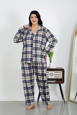 Kadın Büyük Beden Pamuklu Cepli Düğmeli Lacivert Pijama Takım MERY WOMAN