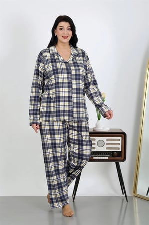 Kadın Büyük Beden Pamuklu Cepli Düğmeli Lacivert Pijama Takım MERY WOMAN