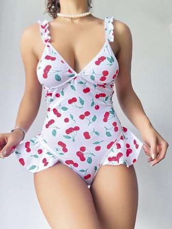 Kadın Vişne Desenli Dantel İşlemeli Şık Body MERY WOMAN