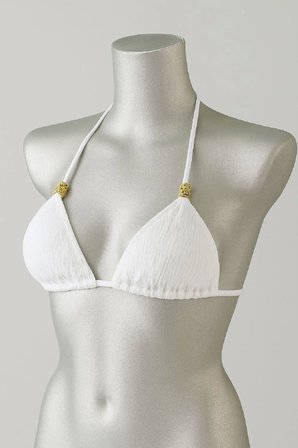 Beyaz Pedli Üçgen Bikini Üstü Halter Bağlamalı Aksesuarlı Esnek Kumaş Kadın Mayo Üstü