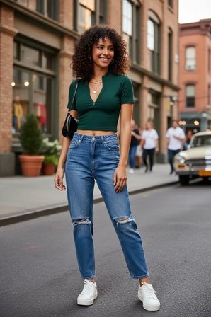 Kadın Yeşil Fermuar Detaylı Modern Kesim Crop Bluz