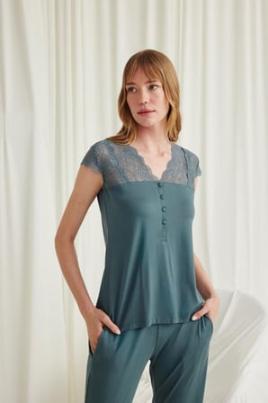 Yakası Kolu Ve Omzu Dantelli Önü Düğmeli Pijama Takımı MERY WOMAN