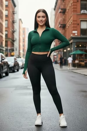 Yeşil Dik Yaka Fermuarlı Uzun Kollu Parmak Geçmeli Crop Top Spor Bluz