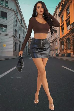 Kahverengi Derin U Yaka Crop Top Uzun Kollu Dar Kesim Kadın Bluz